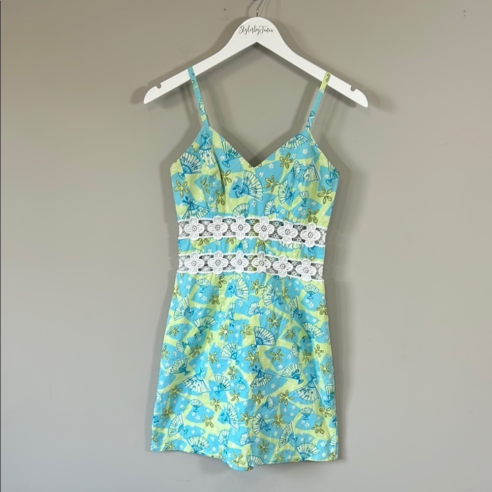 Lilly Pulitzer Peek A Boo Waist Spaghetti Strap Dress Blue Green Lace Sz 0